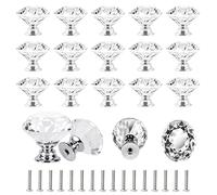 Pack of 16 30 mm Crystal Door Handle Diamond Shaped Glass Drawer Knobs with Screws for Wardrobe Cabinet Dresser Furniture (Clear Silver Base)