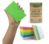 Pack of 16 Biodegradable Compressed Sponges for Dishes - Made from Cellulose - Eco Friendly, Non Scratch, Odour Free, Compostable Pop Up Sponges for Kitchen & Bathroom - Green America & PETA Certified