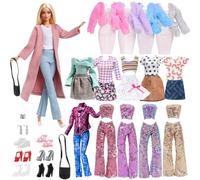 Pack of 16 Clothes and Accessories for 11.5 Inch Dolls, Pink Coat Houndstooth Pattern Dress, Casual Set, Random Selection of 3 Outfits, 6 Shoes, 2 Handbags, 1 Earrings, 1 Bracelet for Girls, Gift