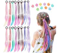 Pack of 16 Colourful Hair Strands Children, Colourful Braided Hair with Elastic Rope Band, 10 Mini Clips, Colour Gradient Girls Hairpiece Band, Hair Accessories for Party, Festival, Hair Decoration
