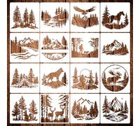 Pack of 16 Forest Animal Stencils, PET Reusable Stencil, Natural Environment Painting Stencils, 15 x 15 cm Forest Animal Stencils with Animals, People, Trees, Mountains and Nature Motifs
