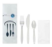 Pack of 16 Individually Wrapped Cutlery Sets. Recyclable Advanced Quality Reusable Cutlery. Each Set Contain Fork, Knife, Spoon and Napkin Wrapped Using Tear-Off Perforation Paper Bags (White-Clear)