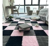 Pack Of 16 Plush Puzzle Foam Floor Mat Interlocking Tiles Multicolor 11.8x11.8 inch(Black+grey+pink)