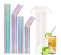 Pack of 16 Stainless Steel Straws, Bubble Tea Straws, Colourful Thin Drinking Tubes, Reusable and Washable Straws, Metal Drinking Straws with 4 Cleaning Brushes and 1 Bag for Cocktails, Smoothies