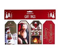 Pack of 16 Strung Gift Tags with Twine - Traditional Snowman Santa Fireplace and Merry Christmas Design swith Gold and Red Foil