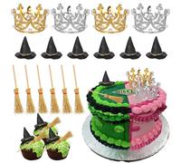 Pack of 16 Witch Hats Cake Decoration Glitter DIY Crown Cake Decoration Witch Hat Broom Cake Toppers for Halloween Theme Baby Shower Children Birthday Party Cake Decorations
