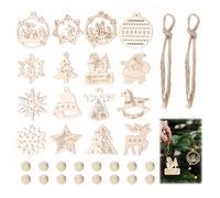 Pack of 16 Wooden Christmas Tree Decorations, Hanging Natural Wood Festive Christmas Tree Ornaments, Laser Cut Wood Pendants for Festive Holiday Decor, with Jute Strings (7 cm)