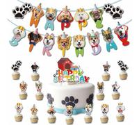 Pack of 17 Cupcake Toppers and Happy Birthday Garland, Dog Cake Birthday, Muffin Topper for Pet Theme Birthday Party, Children's Birthday Party, Layout of the Background Wall Scene (Red 1)
