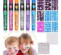 Pack of 17 Glitter Tattoo Children's Tattoo Pens Set Tattoo Pens Glitter Gel Pens Set 6 Temporary Ta-ttoo Pens 9 Stencils 2 Face Gemstone Stickers for Boys Girls Halloween Party