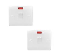 Pack of 2,20A Double Pole Switch With Neon White Round Corners Heat resistant urea front plate & urea moulded back base, copper terminals & zinc plated earth bar