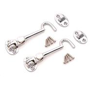 Pack of 2, 4" Heavy Duty Brass Cabin Hook & Eye Silent Catch/Latch/Holder/Back Gate/Shed/Patio Door in Various Finishes (Polished Chrome)