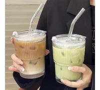 Pack of 2 400 ml Glass Cups with Lid and Straw, Smoothie Cup with Straw, Airtight Waterproof Design Travel Mug, Iced Coffee Glasses, Bubble Tea Beaker