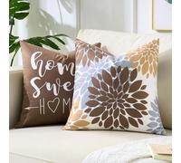 Pack of 2 50cm x 50cm Cushion Covers, Brown Grey Dahlia Floral Print Sofa Cushions Cover with Home Sweet Letters, Soft Short Plush Pillowcase for Living Room Bedroom Farmhouse Garden Pillow Decor
