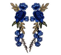 (Pack of 2) 7 Peony Flowers on Vine Embroidered Appliques Sew or Iron on Patches(Royal Blue)