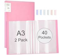 Pack of 2 A3 Presentation Display Book with 40 Transparent Pockets for 80 Sheets, Presentation Folder with Index Stickers for Artwork, Music Folder, Diamond Painting Folder, Certificates, Portfolio