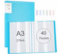 Pack of 2 A3 Presentation Display Book with 40 Transparent Pockets for 80 Sheets, Presentation Folder with Index Stickers for Artwork, Music Folder, Diamond Painting Folder, Certificates, Portfolio