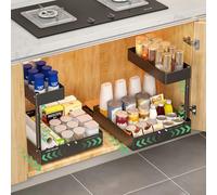 Pack of 2 Adjustable Metal Base Cabinet Organiser - Height Adjustable Sink Organiser with Pull-Out System, Universal Sink Base Cabinet as Cupboard Kitchen & Bathroom (Black (Pack of 2))