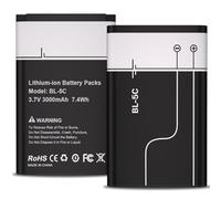 Pack of 2 BL-5C Batteries, High Capacity 2000 mAh 3.7 V Replacement Battery for Nokia 6230 6330 6263 6267 6270 6555 6600 6030 6670 6680 6681 6682 6820 1100 1100 1 1101 11110 1110i 1112 1600 2300 2310
