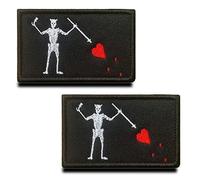 Pack of 2 Black Beard Pirate Red Heart Military Embroidered Applique Clasp Pirate Flag Emblem Patch for Attaching to Clothes Jackets Jeans Hat Vest Dog Harness Collecting