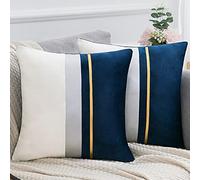 Pack of 2 Blue Patchwork Velvet Cushion Cover 40 x 40 cm Modern Luxury Square Throw Pillow Case Soft Pillowcase for Sofa Couch Bed Bedroom Living Room Home 16x16 inch