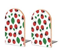 Pack Of 2 Bookend Ladybird With Green Leaves Ladybugs Pattern Non-Slip Book Stand Wooden Bookshelf Books Holder For Home Desk Office Library