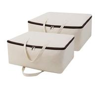 Pack of 2, Breathable Natural Cotton Canvas Soft Storage Bags with Handles & 3-side Zip, Good for Clothing Blankets Duvets Pillows Organizer in Wardrobe, Closet, Beige