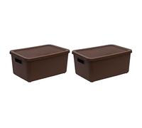 Pack of 2- Brown 14L Litre Storage Box with Lid Utility Boxes Lidded Bin Decorative Item Storage Rib Design Storage Organisation Box with Handle Solid Colour Plastic Containers Cosmetics Holder Box