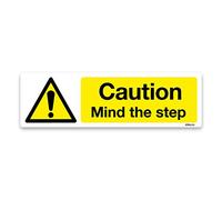 Pack of 2 Caution Mind the Step Sign, 200x60, Warning and Hazard Safety Vinyl Sticker (White Vinyl)