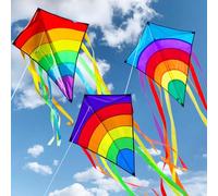 Pack of 2 Children's Kites, Single Line Flight Kite for Children and Adults, Colourful Delta Kite, Portable Rainbow Kite, Single Line, Large Delta Kite 73 x 65 cm, with 80 m Kite Line