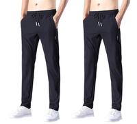 Pack Of 2 Chino Trousers For Men Slim Fit Elastic Waist Flat Front Skinny Stretch Casual Formal Trousers Ice Silk Classic Work Pants With Pockets Men'S Straight-Fit Wrinkle-Resistant Flat-Front
