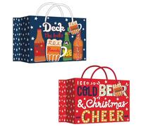 Pack of 2 Christmas Beer Bottle Gift Bags 6 Compartments Per Bag - Red Blue Festive Design Gift Present Cider Ale Drinks Wine Prosecco - Carrier Handles With Tag