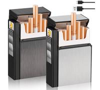 Pack of 2 Cigarette Case with Electronic Lighter Aluminium Cigarette Box, 2 in 1 Rechargeable Aluminium Cigarette Case with Lighter Electronic Can 20 Holds