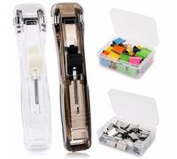 Pack of 2 Clam Clip Dispenser Closure Clips Stapler Clip Dispenser with 100 Pieces Clam Clip Reusable Portable Fast Clips Dispenser for Office Home School Supplies Push Stapler (Black and Transparent)