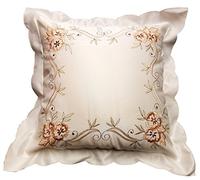 Pack of 2 Cushion Covers, Lucy, Faux Silk Embroidered Flowers Leaves, Scalloped Border Edge, Off White Cream Yellow Mint Green, 43cm x 43cm
