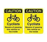 Pack of 2 Cyclists Beware of Passing This Vehicle on The Inside Signs. 150mm x 200mm Self Adhesive Stickers. Ideal for The Rear of Vehicles