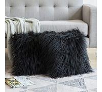Pack of 2 Decorative New Luxury Series Style Light Gery Faux Fur Throw Pillow Case Cushion Cover for Sofa Bedroom Car-16"x16"_Black