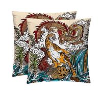 Pack of 2, Decorative Square Throw Pillow Cover Cushion Covers Pillowcase, Home Decor Decorations for Sofa Couch Bed Chair Traditional Chinese Dragon and Tiger Fighting