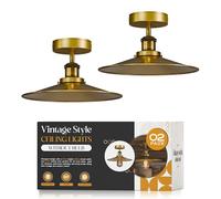 Pack of 2 E27 Flush Fitting Ceiling Light with 22cm Yellow Brass Conical Lampshade Easy Fit Anti Rest Premium Quality Vintage Semi Flush Mount Ceiling Lighting for Bedroom, Kitchen With EPC A+