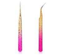 Pack of 2 Eyelash Tweezers Stainless Steel Nail Art Tweezers Eyelash Extension Diamond Nail Tweezers Tweezers Curved Straight Tweezers Eyelashes for Nail Rhinestones Pickers, Pink