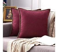Pack of 2 Fall Decorative Throw Pillow Covers Farmhouse Modern Trimmed Cord Linen Burlap Cushion Cases Vintage Decor Pillowcases for Couch Sofa Bedroom-12"x20"_Cranberry Red