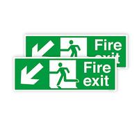 Pack of 2 Fire Escape Sign (300 x 100 mm) Waterproof Stickers Down Left Self Adhesive Fire Exit Sign Sara Prints®