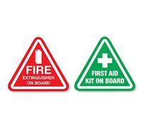 Pack of 2 First Aid Kit and Extinguisher On Board Self Adhesive Car Van Stickers Emergency Safety and Business - The Size of Each Sticker is 120 millimeters by 110 millimeters