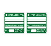 Pack of 2 First aiders are, First aid Box Located Signs Size 150mm x 150mm Self Adhesive Vinyl Stickers Provides Information on First aiders and Location of First aid Box