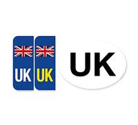Pack of 2, Front and Back, UK Flag Union Jack Badge Car Number Plate Vinyl Stickers United Kingdom, Replaces Old GB Version (Blue + Oval)