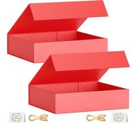Pack of 2 Gift Boxes, 30 x 20 x 7.6 cm Gift Boxes for Presents with Lids Magnetic Closure Rectangle Collapsible for Groomsman Proposal Box, Christmas, Halloween, Birthday Gift Packging (Red)