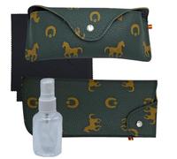 Pack of 2 glasses cases. One to carry on the belt and another to carry in pocket, bag or car. Includes 2 cloths and empty bottle for your glasses cleaning liquid. Unisex case., green, M