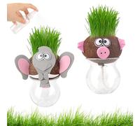 Pack of 2 Grass Head Children's Doll Plant Grass Head Growing Grass Heads Plant for Children, Mini Bonsai Grass Head Figure Flower Head Grass Head Bonsai with Tray Potted Plants for Bedroom (Animal
