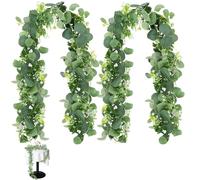 Pack of 2 Green Eucalyptus Garland, Artificial Plants, Eucalyptus Decoration, 1.8 m Hanging Plants with White Flowers, Eucalyptus Vine, for Wedding Arches, Table Decoration, Garden and Living