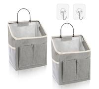 Pack of 2 Hanging Organisers, Hanging Storage Organisers, Waterproof Wall Hanging Bags, Foldable Linen Fabric Basket with Pockets, Wall Organiser with 3 Compartments for Home, Bathroom, Office (Grey)