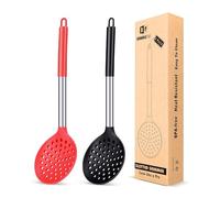 Pack of 2 Kitchen Ladle Strainer, Large Slotted Spoon with High Heat Resistant,BPA Free Non Stick Cooking Skimmers for Draining & Frying (Black-Red)